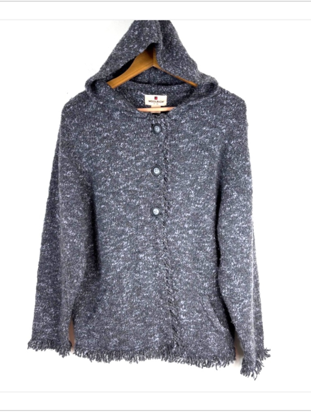 VTG Woolrich Wool Cardigan XL Grey Hood Fringe Pockets Southwestern Granny Cabin